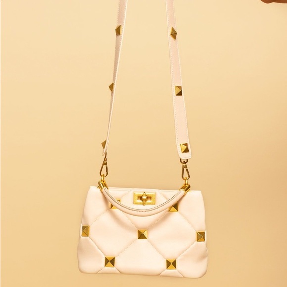 Beige Quilted Leather Gold Studded Top Handle Handbag with Studded Strap - Picture 4 of 5